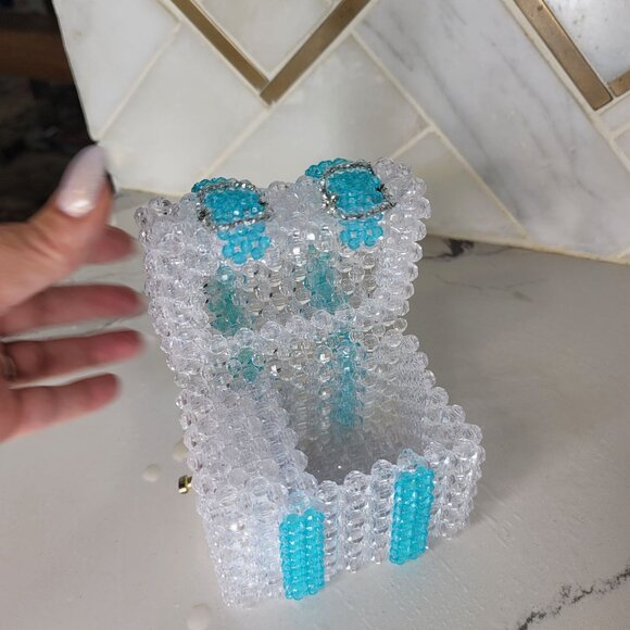 Handcrafted Beaded musical Jewelry trinket Box With Clear & Turquoise Beads - Picture 6 of 11
